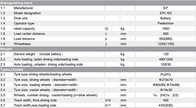 EP electric pallet truck EPL163 1.6 ton battery 115mm lift height price