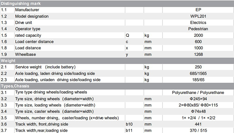 Pallet truck EP WPL201 shortest 2 ton with lithium battery for narrow aisles sale