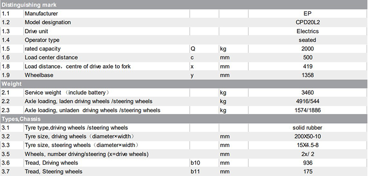 EP 2 ton electric forklift CPD20L2 counterbalance for mid to large logistics sale