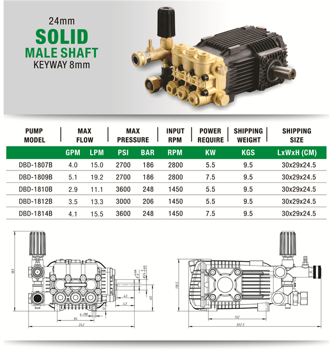 Commercial High Pressure Pump B type Solid Male Shaft