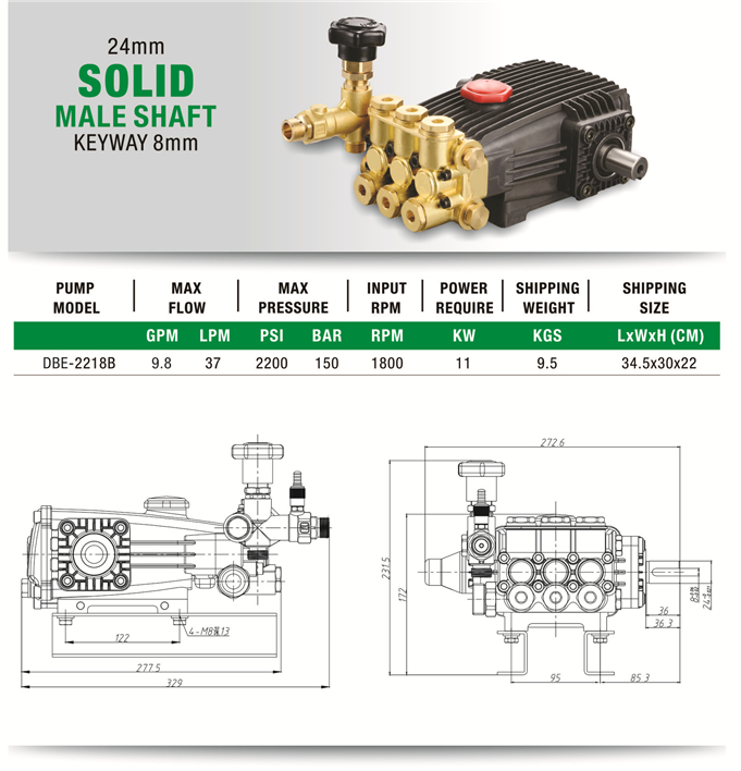 Commercial High Pressure Pump B type Solid Male Shaft